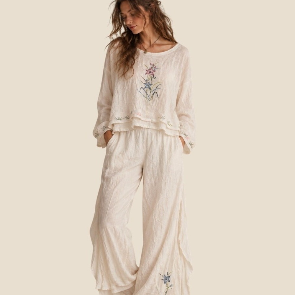 Vintage Top Pants 2 Pc Set Floral S White Boho Lagenlook Ethereal Fairycore 90s
